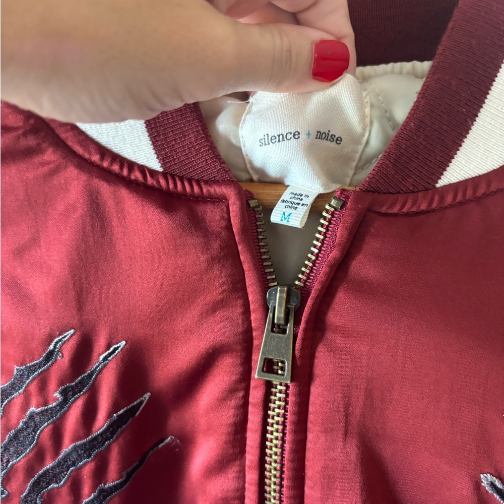 silence + noise Red and White Tiger Embroidered Bomber Jacket - Picture 4 of 7